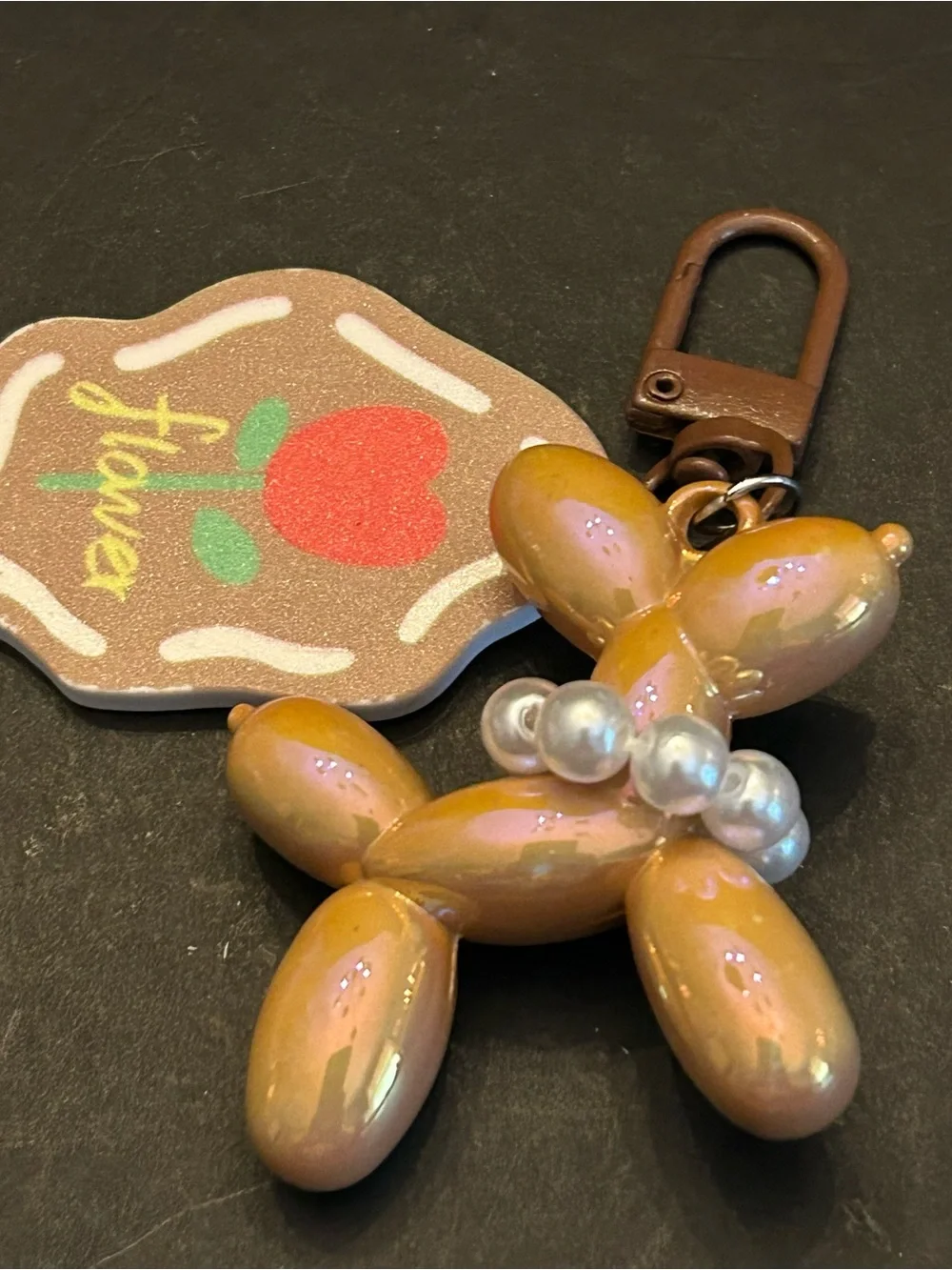 Mint Beige or Brown Balloon Dog Keychain Zipper Pull with Flower Tag NWT